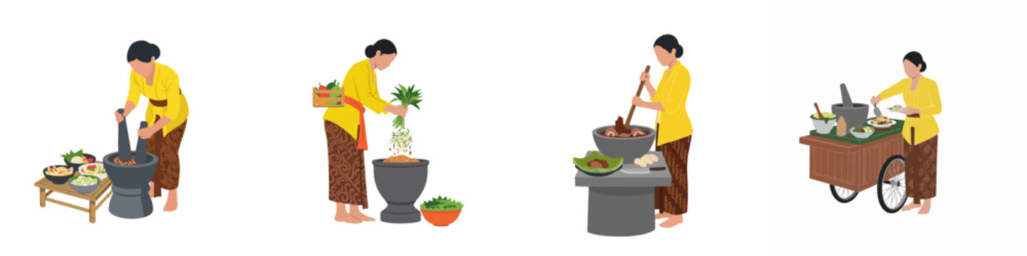Indonesian traditional women in yellow kebaya and batik sarong preparing and selling street food, flat vector illustration set.