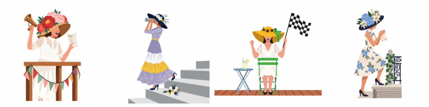 Set of flat vector illustrations featuring elegantly dressed women in large floral hats attending a horse racing event or garden party.