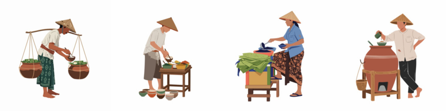 Set of traditional Indonesian street food vendors wearing conical hats and sarongs, isolated flat vector illustrations of Asian local market culture.