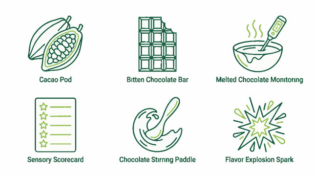 Set of six green line art icons representing the chocolate production process including cacao pods and melted chocolate monitoring tools
