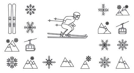 Skiing icons set with skier mountains cable car and snowflakes © Sesel