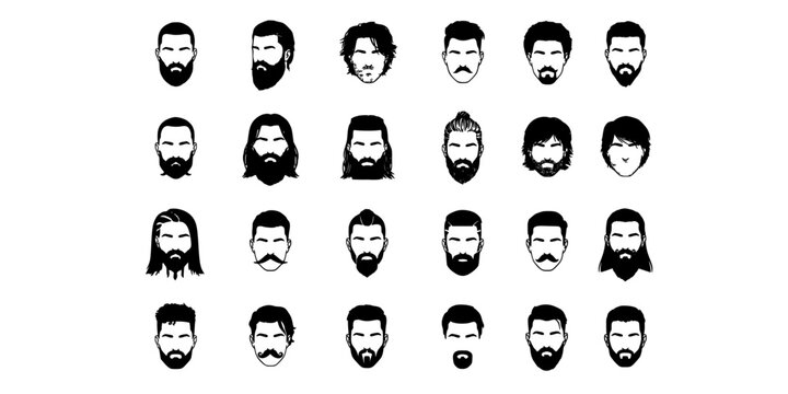 Faces with Various Beards and Hairstyles in Black and White Vector Illustration Featuring Men, Facial Hair, Mustache with Goatee