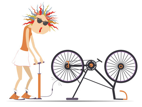 Illustration of young woman inflating the wheel with bicycle pump