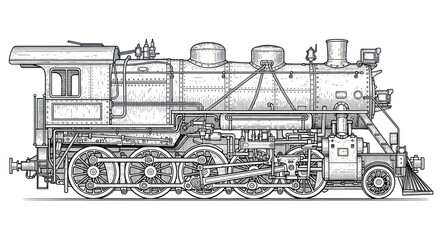 Detailed vintage steam locomotive engine line art © Sesel