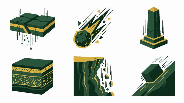 Set of geological and natural disaster vector icons featuring earth layers meteor impact cliff erosion and rockfall in a flat minimalist style