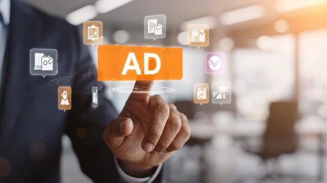 Digital Advertising Concept: Businessman touching virtual orange AD button in blurred office, ideal for marketing content.