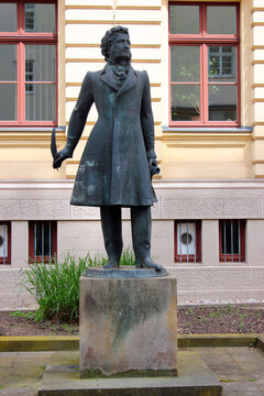 Gera, Germany - May 19, 2023: Alexander Pushkin monument honoring the renowned Russian poet in Gera, Thuringia