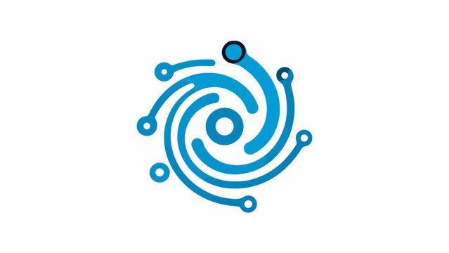 Blue circular technology spiral logo with digital nodes.