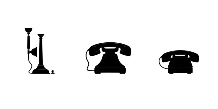 Telephones Illustration Showing Three Vintage Rotary Dial and Push Button Styles in a Row on White Background