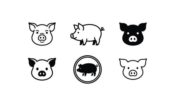 Collection of farm pig icons in various linear style states.