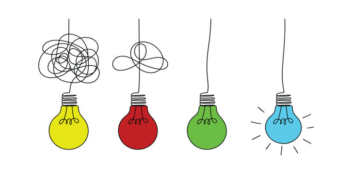 Four hanging lightbulbs symbolizing the journey from complex ideas to simple solutions and innovation. Each lightbulb has a different color and a string.