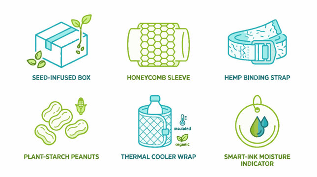 Set of sustainable packaging icons featuring seed infused boxes honeycomb sleeves hemp straps plant starch peanuts thermal wraps and moisture indicators