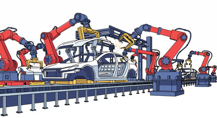 Fototapeta premium Robotic arms assemble car on production line with industrial machinery