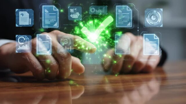 Digital Approval Concept with Businessman Pointing at Glowing Green Checkmark and Holographic Documents, Ideal for Corporate Presentations or Fintech Marketing.