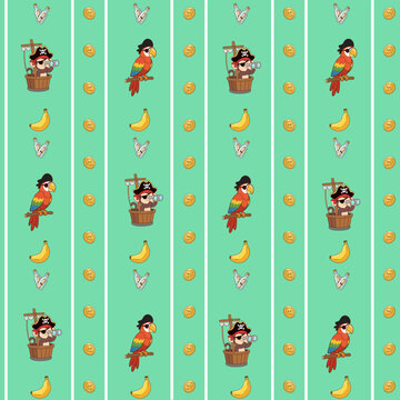Pirate advantage seamless pattern with cute monkey and parrot 