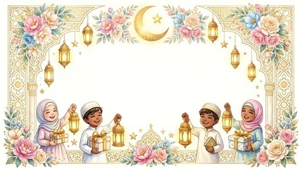 Fototapeta premium An elegant watercolor illustration of cheerful Muslim kids holding lanterns and gifts, framed with Islamic patterns, flowers, and a golden crescent moon for Ramadan.