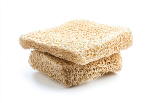 Natural loofah sponge pieces stacked, showing fibrous texture and dried gourd material for exfoliating and bathing use