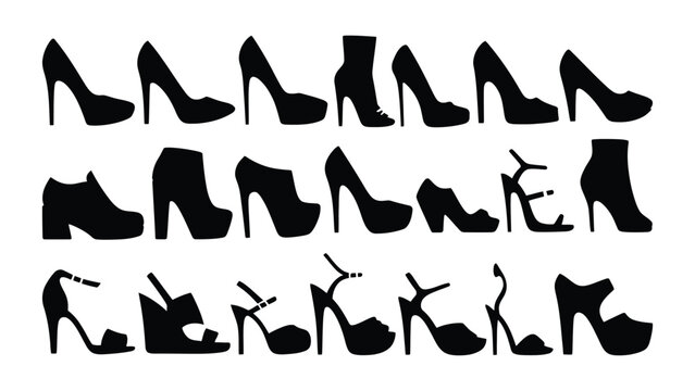 Set of black silhouettes featuring various styles of women high heel shoes