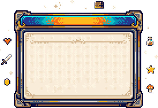 Vintage pixel art rpg game UI interface frame with icons interface mushroom videogame template decoration ornament background adventure inventory