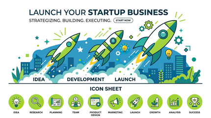 Startup Business Launch Rockets - Strategy, Development, Success Icons © Sisil