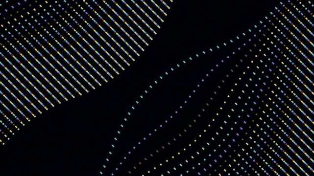Elegant 3D animation featuring two diagonal waves of pastel gold blue and lavender shapes gliding on a dark background. The negative space creates a stylish seamless data flow loop