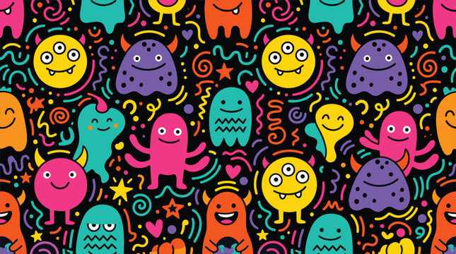 Colorful cartoon monster pattern with playful abstract shapes, vibrant decorative elements, cheerful seamless background design
