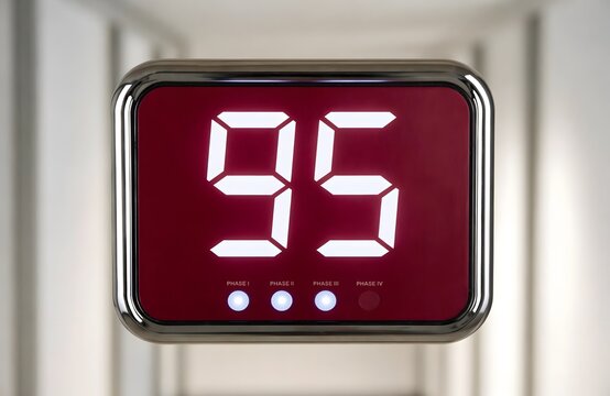Electronic digital display panel showing number ninety five in red with abstract