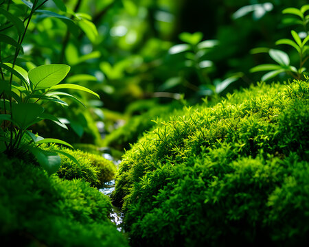 Tapis de mousse verte luxuriante sur des rochers en for&ecirc;t, v&eacute;g&eacute;tation dense et humide, ambiance naturelle fra&icirc;che et apaisante en sous-bois