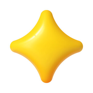 3d yellow rounded four point star realistic shape. Glossy star 3d render geometric shape, light sparkle icon or vector figure. Isolated light spark symbol or yellow balloon realistic form