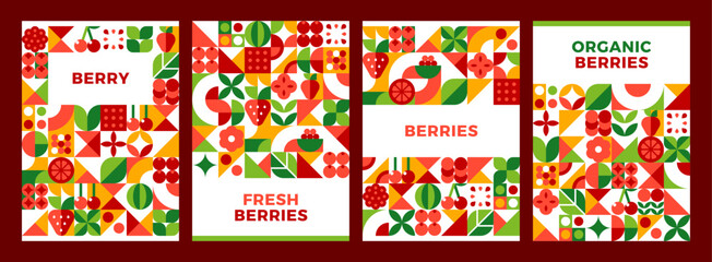 Ripe berry harvest posters with geometric mosaic pattern of berry fruits. Berries pattern with geometric shapes of strawberry and raspberry, watermelon and cranberry with cherry and red currant © Buch&Bee