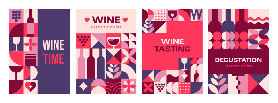 Wine, winery and winemaking posters with modern geometric pattern of grape vines, glasses and bottles silhouettes. Abstract geometric shapes mosaic background of red, white and rose wine alcohol drink