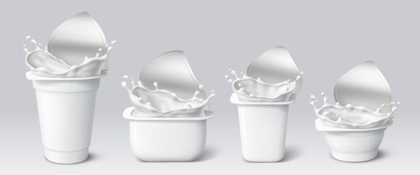 Realistic plastic yogurt cups, dairy yoghurt package mockup with open foil lids and crown splashes. Vector 3d white containers of milk yogurt, sour cream cups or yoghurt sauce pots, food packaging