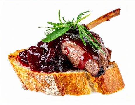 crusty toast topped with roasted meat and sweet fruit sauce