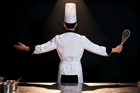 Master chef standing with arms outstretched in a dark professional kitchen, holding a stainless steel whisk