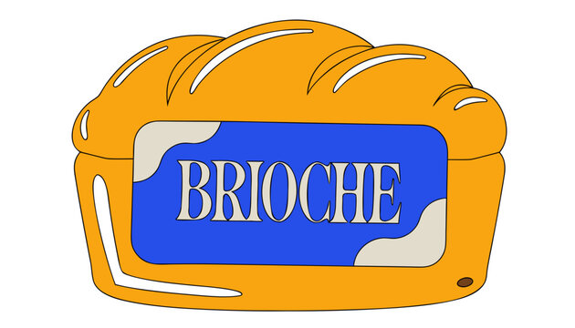 Very beautiful realistic vector of BRIOCHE featuring a rich golden buttery loaf with soft texture and a colorful label reading "BRIOCHE", isolated on white background.