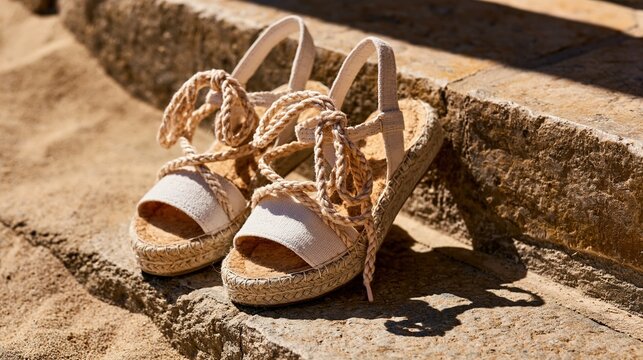 Close-up of a pair of beige espadrille sandals with woven jute soles and ankle ties, left on a sunlit stone step, capturing a warm, rustic Mediterranean summer fashion aesthetic with natural texture.