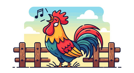 Vibrant rooster crowing in the morning on a rustic farm fence © tanung