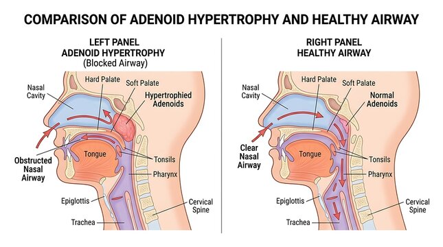 Comparison diagram showing obstructed airway from adenoid hypertrophy vs healthy