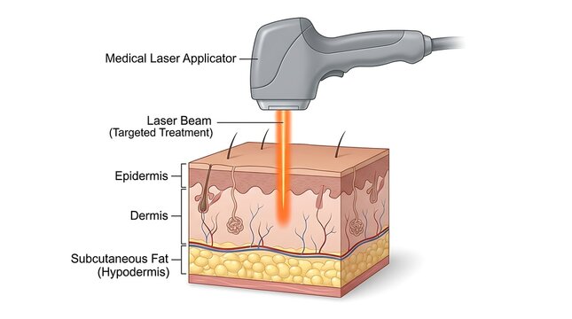 Medical illustration of a laser applicator treating skin layers of the human