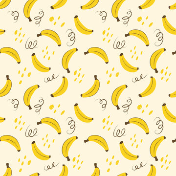 Cute Playful Hand Drawn Yellow Banana Fruit Doodle Seamless Pattern Background for Wallpaper, Fabric, and Textile