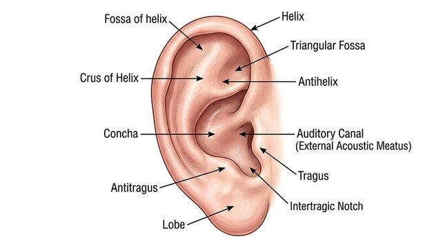Labeled human ear anatomy diagram detailing pinna and auditory canal