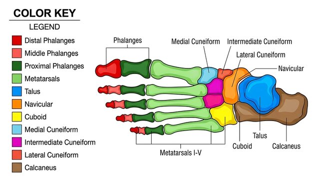 Detailed color coded anatomical diagram of human foot bones and skeleton