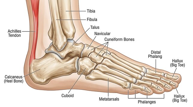 Medial view anatomical illustration of human foot skeleton and achilles tendon