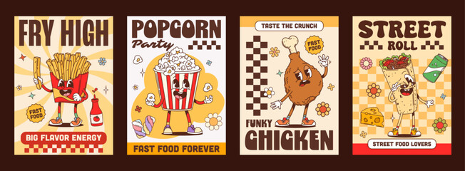 Fototapeta premium Y2k groovy fast food posters with funky hippie fries, popcorn bucket, crunchy fried chicken leg and street roll cartoon characters smiling. Vector retro advertising cards for snack, party, street food