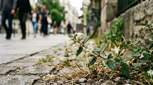 Low angle macro of white correa flowers growing on a cobblestone street. Blurred urban background with pedestrians