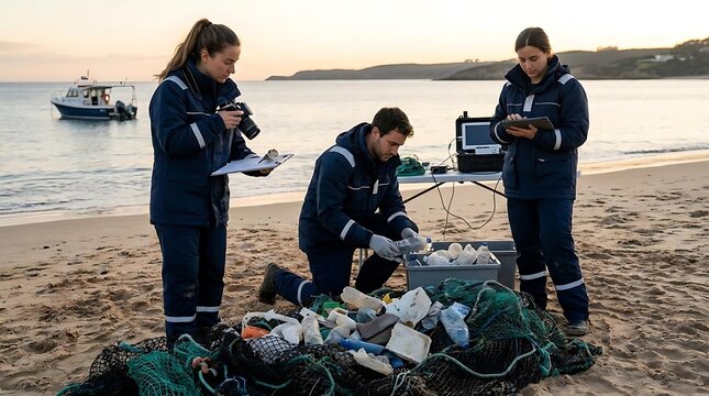 Environmental scientists collect ocean plastic debris samples on beach at sunset