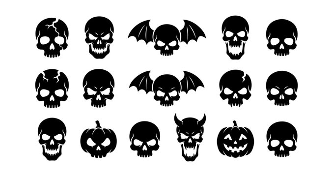 Halloween icons, black skulls, bats, pumpkins, spooky symbols, 16 vector graphics