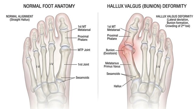 Medical comparison of normal foot anatomy and hallux valgus bunion deformity