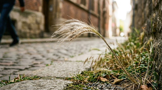 Close up of Stipa capillata feather grass growing between cobblestones and a stone wall. Urban nature survival with blurred pedestrian walking in historic street