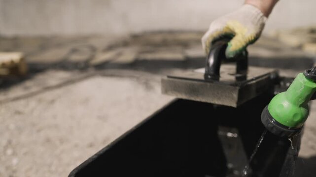 Close up of gloved hand using green spray nozzle to wet concrete block. Industrial setting with soft natural light. Neutral tones with green accent. Focus on water spray texture